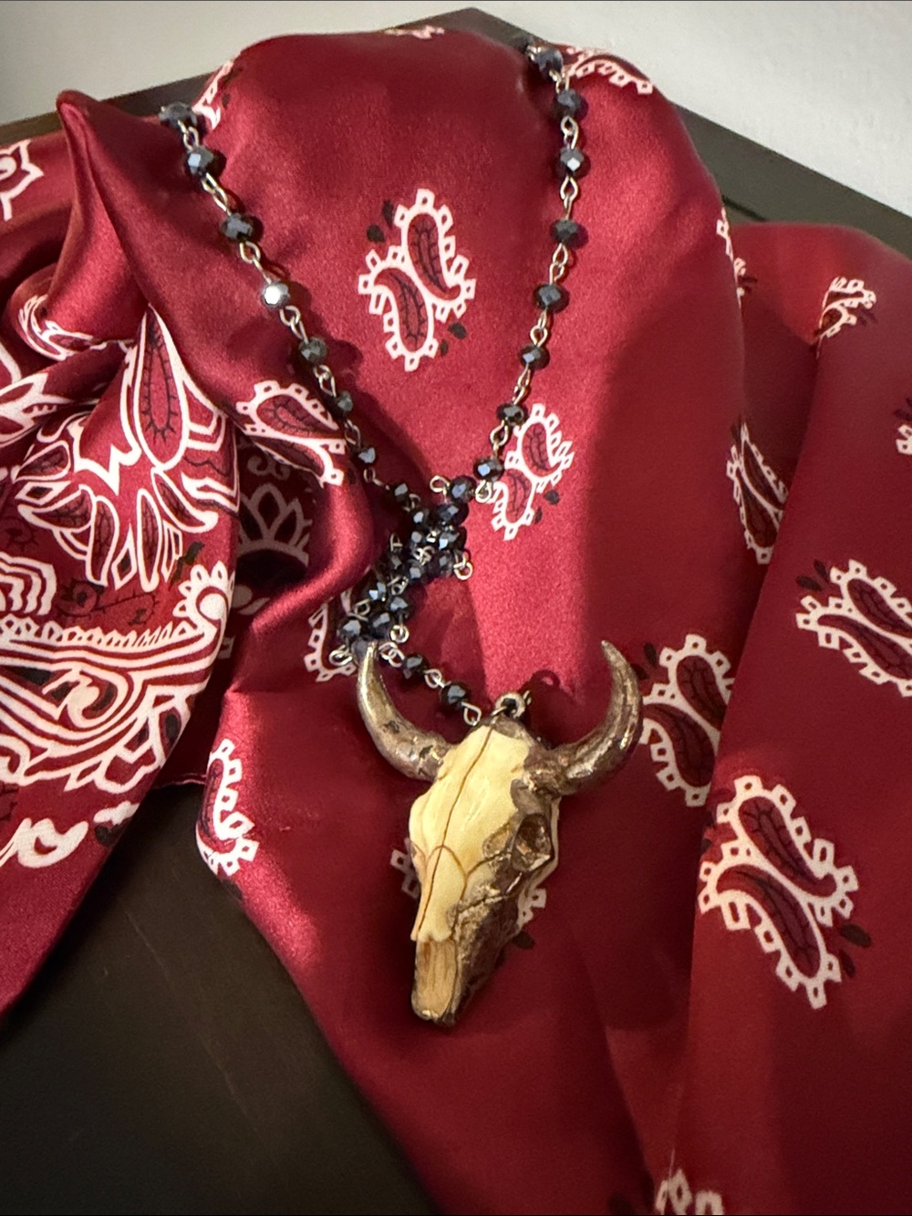 Handcrafted Bull Skull Pendant Necklace - Black Beaded Chain